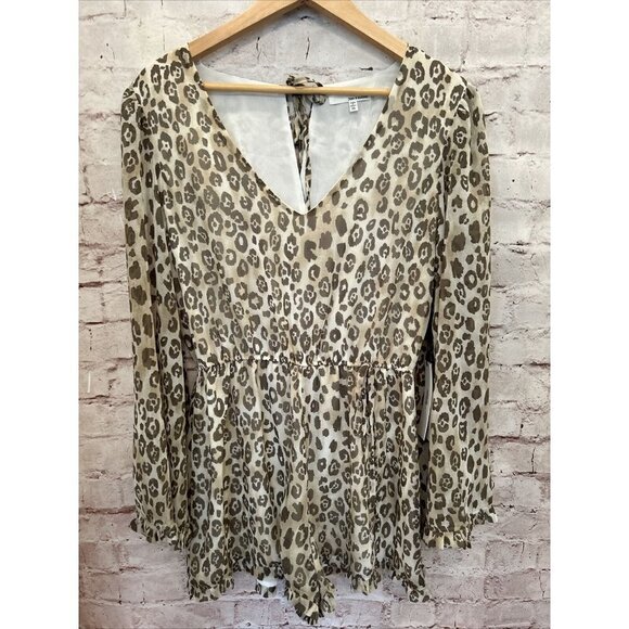 June & Hudson Womens M Cheetah Print Bell Sleeve Romper Olive Ivory Sheer NEW - Picture 1 of 3